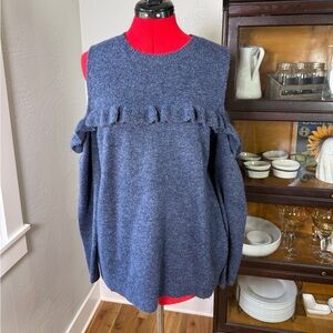 LOFT Navy Sweater Cold Shoulder Ruffle Trim Soft Knit Size L